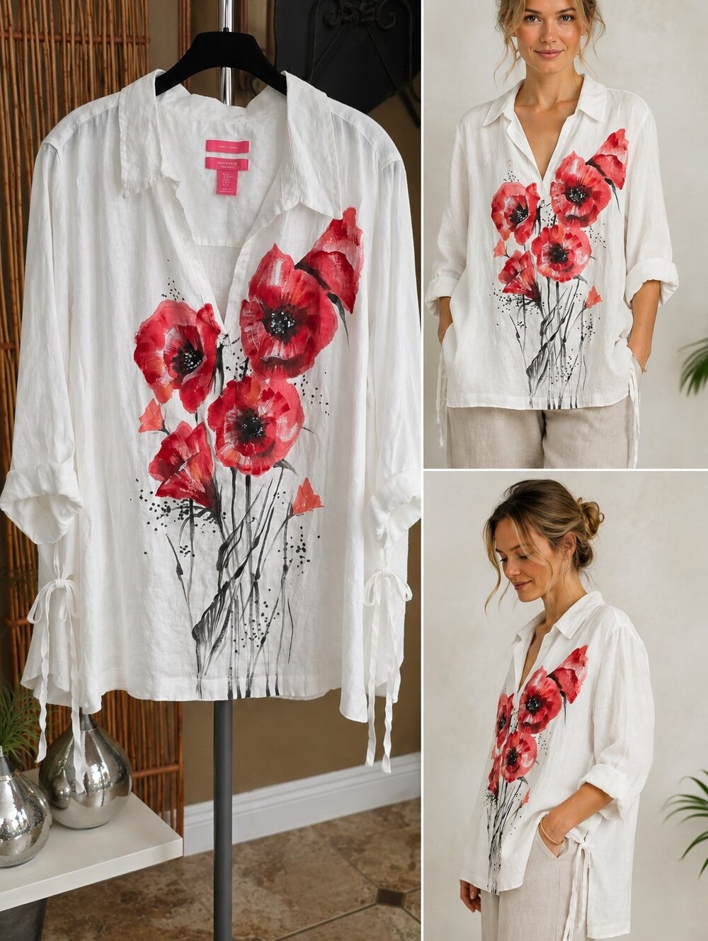White Floral Watercolor Poplin Shirt with Pink Red Blooms, XL
